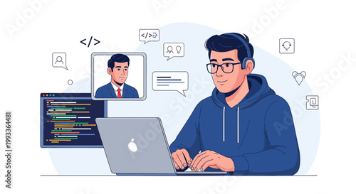 Programmer working remotely on laptop, video call with colleague, coding on screen