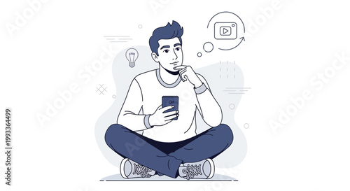 Man thinking about video creation while holding a smartphone, sitting cross-legged