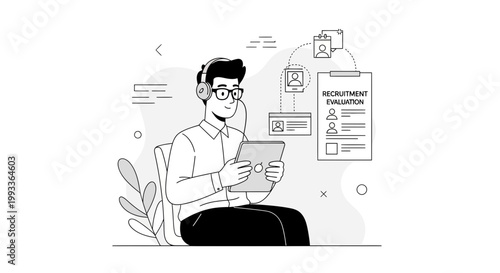 Recruitment Evaluation: Man with Headphones and Tablet Reviews Candidate Profiles
