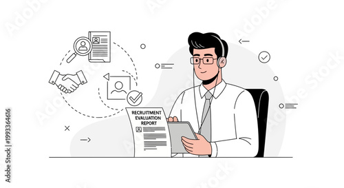Recruitment process illustration: hiring manager reviewing candidate report and handshake