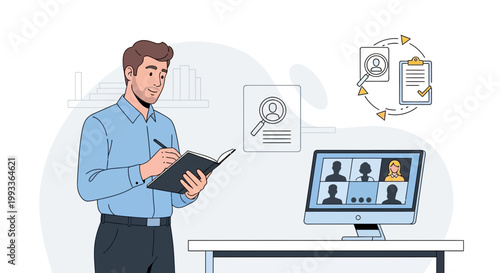 Man taking notes during online meeting, recruitment process, remote work, video conference