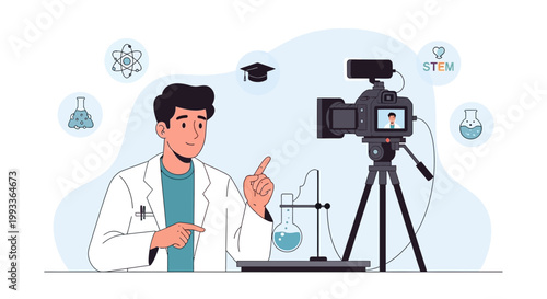 Scientist filming a science experiment for online education, STEM concept