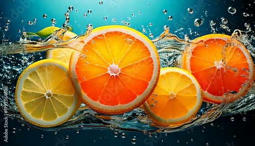 Bright orange and lemon citrus fruit slices submerged in refreshing water with dynamic splashes and bubbles