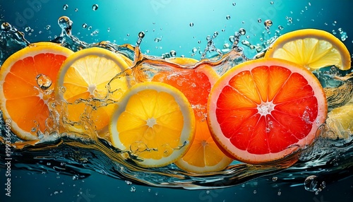 Brightly lit citrus fruit slices submerged in clear water creating a refreshing summer drink concept with vibrant splashes
