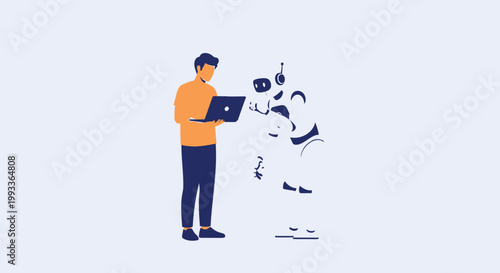 Flat design man using laptop, confusion, question marks, vector illustration, business concept