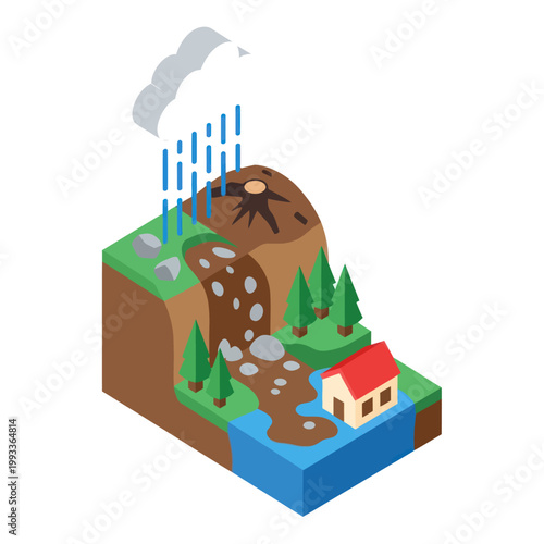3D Illustration of House Near Landslide Area.