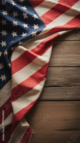 Patriotic Flag Draped on Rustic Wooden Background with Natural Texture and Diagonal Composition