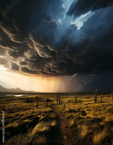 Fierce thunderstorm with dramatic lightning strikes illuminating a vast wilderness landscape under dark, swirling clouds