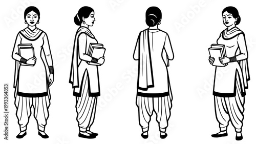 A detailed illustration showcasing a woman in traditional Indian attire from multiple perspectives front, side, and back views, holding books