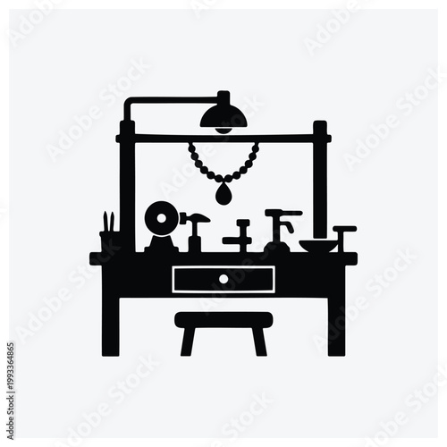 Minimalist silhouette of a vanity mirror, makeup table, and dressing area.