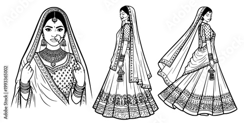 Detailed line art illustration of an Indian bride in traditional elegant wedding attire, showcasing the intricate design of her cultural dress from various angles in black and white