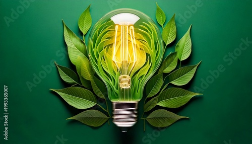 Green energy concept: luminous lightbulb filled with vibrant leaves symbolizing nature and innovation