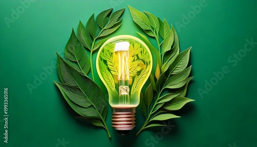 Green leaf embracing a luminous lightbulb concept symbolizing eco-friendly innovation and sustainable energy ideas.