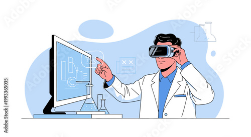 Scientist using VR headset and computer for virtual reality lab research, futuristic technology
