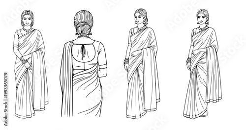 Illustrations showcasing the traditional Indian attire of a woman wearing a saree from various angles