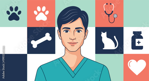 Young Male Veterinarian. Professional Portrait. Flat Vector Illustration. Pet Care Concept.