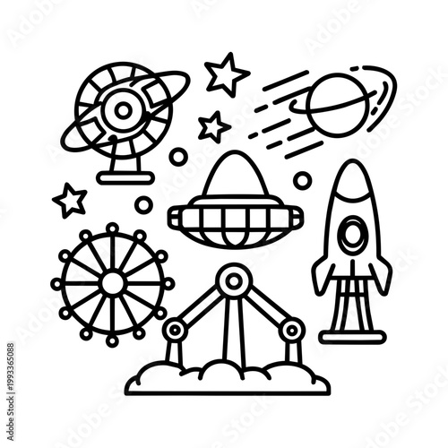 space journey field trip amusement line art hand drawn black and white outline