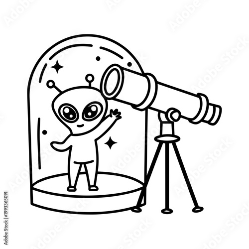space journey field trip alien doodle line art hand drawn black and white outline