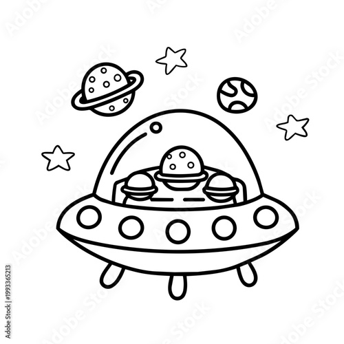 space journey field trip doodle cosmic line art hand drawn black and white outline