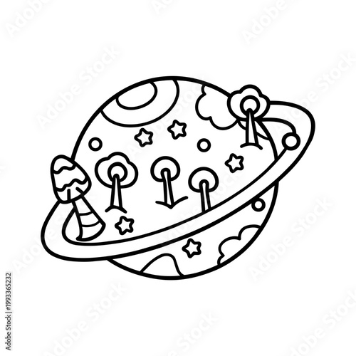 space journey field trip doodle planet line art hand drawn black and white outline