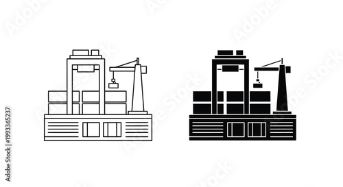 A stark black and white depiction shows two identical industrial structures with cranes resembling shipping platforms high quality