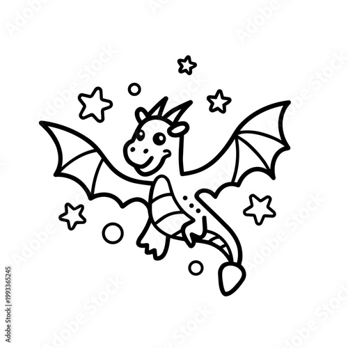 space journey field trip dragon doodle line art hand drawn black and white outline