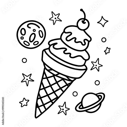 space journey field trip ice cream line art hand drawn black and white outline