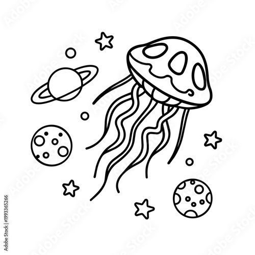 space journey field trip jellyfish line art hand drawn black and white outline