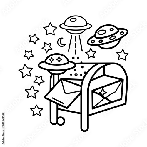 space journey field trip mailbox line art hand drawn black and white outline