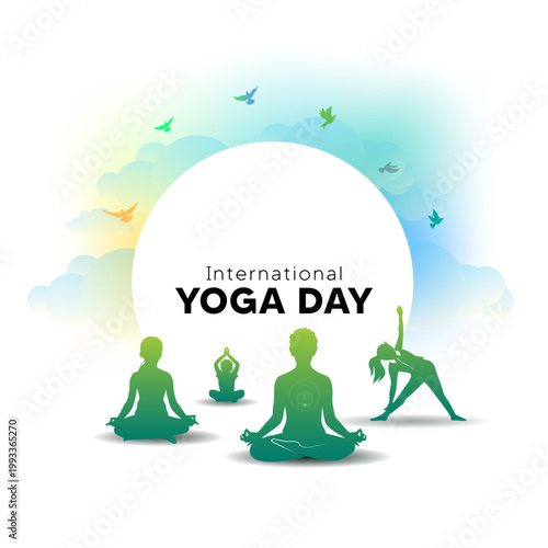 Background for International Yoga Day promotion. Silhouette vector illustration of a modern family practicing yoga.