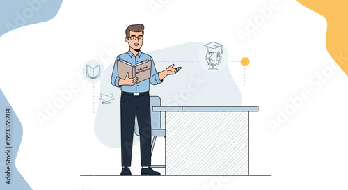 Teacher Holding Book, Explaining Education Concepts with Icons