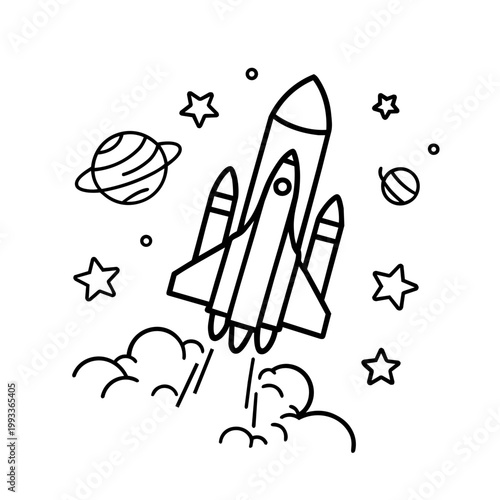 space journey field trip space shuttle line art hand drawn black and white outline