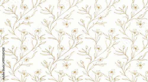 Delicate botanical seamless pattern with tiny flowers and leaves in soft sepia tones on a white background
