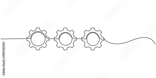 Illustration of two mechanical gears, made in one continuous line. Minimalist cogwheels drawing with a black stroke on a white background, Continuous one line drawing of a mechanical gear cogwheel wit