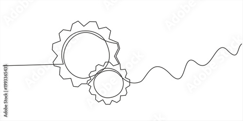 Illustration of two mechanical gears, made in one continuous line. Minimalist cogwheels drawing with a black stroke on a white background, Continuous one line drawing of a mechanical gear cogwheel wit