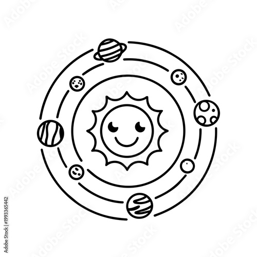 space journey field trip sun doodle line art hand drawn black and white outline