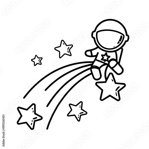 space journey field trip tiny astronaut line art hand drawn black and white outline