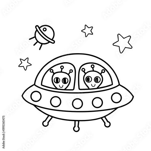 space journey field trip ufo doodle line art hand drawn black and white outline