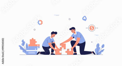 Teamwork and Collaboration: People assembling puzzle pieces for business success