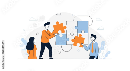Teamwork and Collaboration: People assembling puzzle pieces for business success