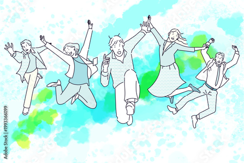 スタートアップのイメージイラストージャンプするビジネスパーソンーカジュアル服ー抽象的背景イラスト素材