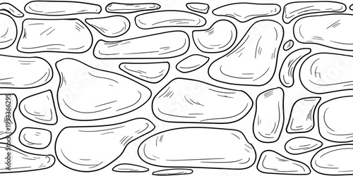Masonry walls, hand-drawn sketch. vector illustration. A part of the facade made of pebbles and boulders, a seamless horizontal border, isolated on a white background