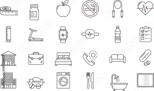 Health fitness lifestyle icons, wellness daily routine graphics, exercise nutrition medical symbols, healthcare monitoring prevention design, professional illustration