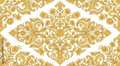 Ornate golden damask pattern with floral motifs on a white background, elegant decorative wallpaper