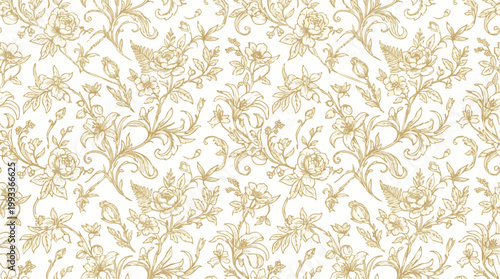 Elegant vintage floral pattern with delicate blossoms and leaves in soft gold hues