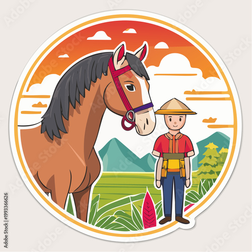 Farmer and Horse in a Rural Landscape