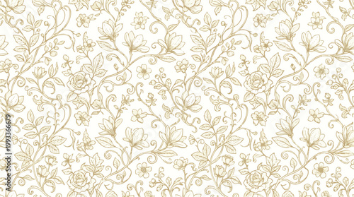 Elegant floral pattern illustration with delicate blossoms and swirling vines on a white background