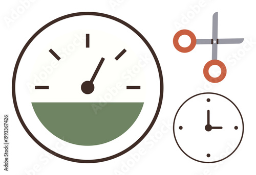 Time management, productivity, scheduling, deadlines, cutoff points, planning tasks. A clock, speedometer and scissors in simple design. Time management and productivity