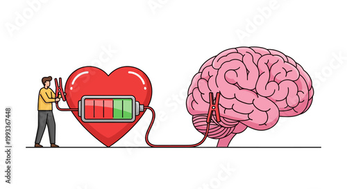 Conceptual Illustration of a Heart Connected to a Brain with a Charging Cable.
