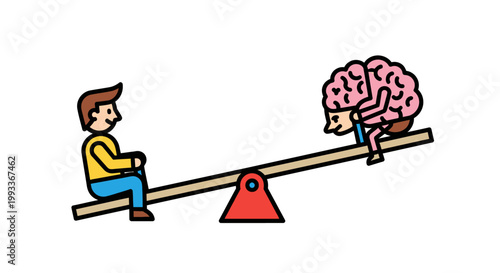 Conceptual illustration of a person balancing a brain on a seesaw.